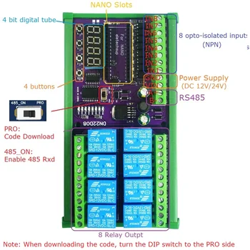 8-Канальный модуль релейного щита 12V 24V RS485 PLC IO Расширительная плата для Arduino NANO V3.0
