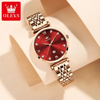OLEVS Модные женские часы с ремешком из нержавеющей стали, водонепроницаемые наручные часы класса люкс со сверкающими бриллиантами для дам, часы с индикацией даты.