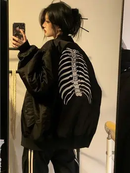 Бейсбольная куртка Skeleton, женская куртка-бомбер, весна-осень 2022, американская винтажная мотоциклетная куртка в стиле хип-хоп, хай-стрит, Хай-стрит.