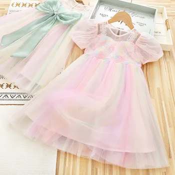 Детское платье для девочек 2023, новое летнее красочное Корейское платье с цветочными блестками, платье принцессы из пряжи