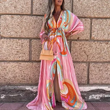 Летнее Женское Свободное платье на шнуровке с принтом 2023, халат, женский повседневный Пляжный Длинный сарафан, платья для женщин