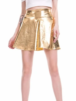 Сексуальная Леди, искусственная кожа, Высокая талия, Золотисто-серебристая Плиссированная юбка, Металлическая Блестящая Клубная Мини-юбка