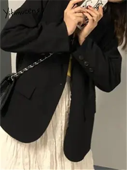 Черный блейзер Yitimuceng для женщин 2023, Новый Офисный женский Однобортный жакет с длинным рукавом, женские Корейские Повседневные костюмы, пальто